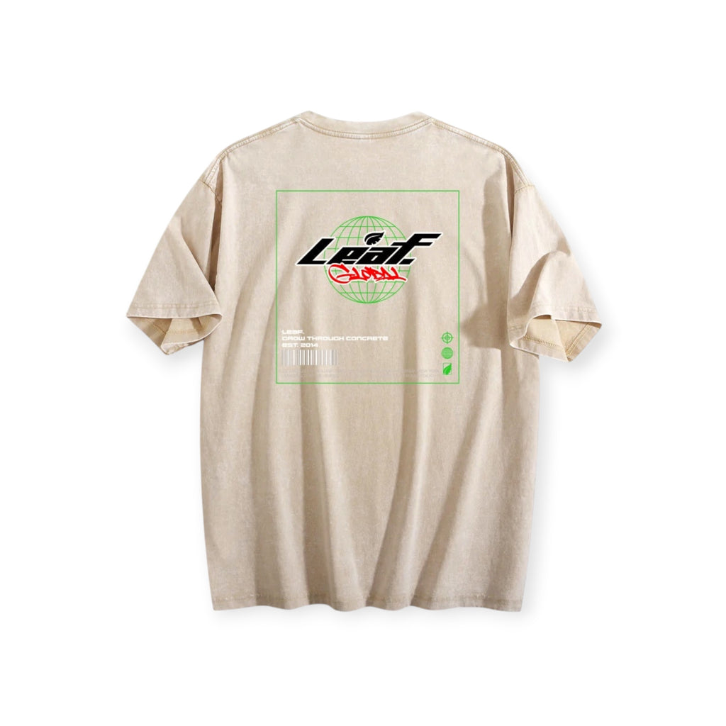 Back view of Leaf beige heavyweight cotton t-shirt with vintage wash and green graphic print on the back
