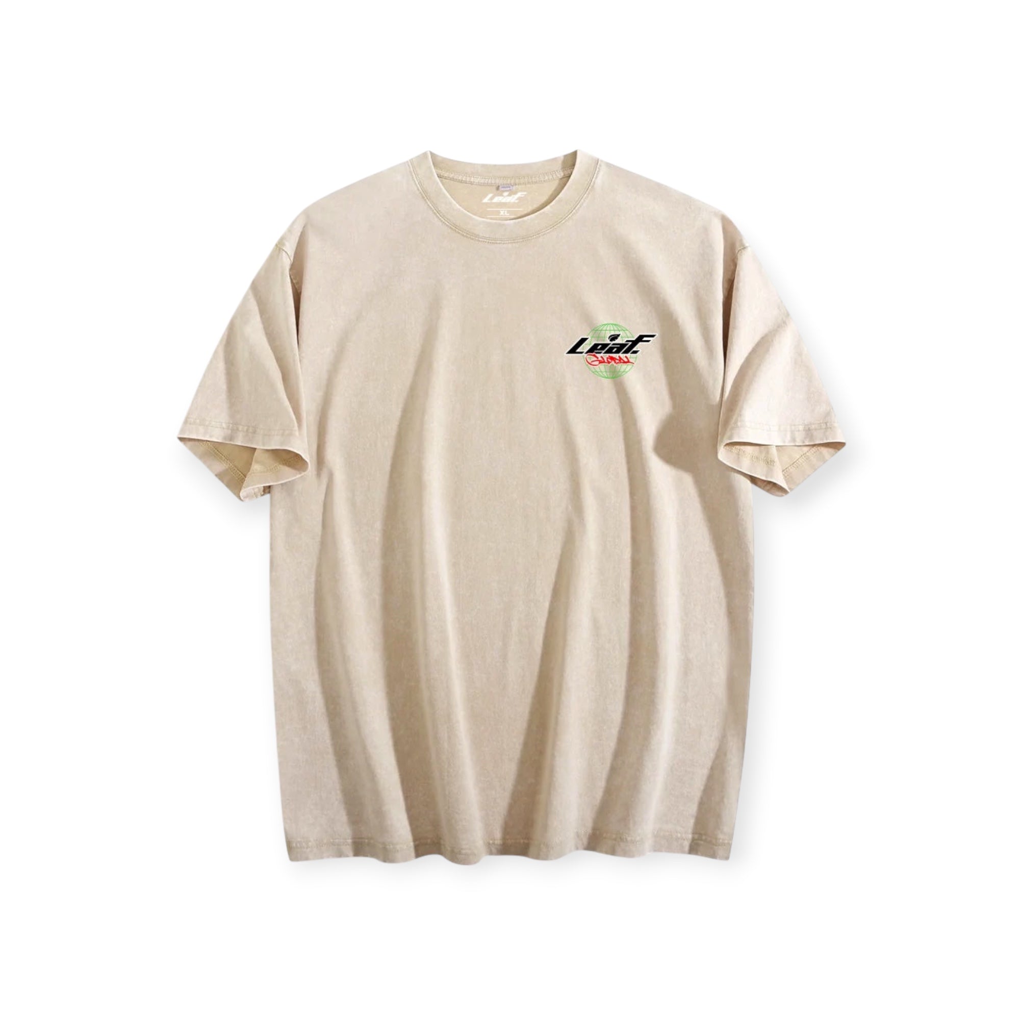 Leaf beige heavyweight cotton short sleeve t-shirt with vintage wash and small globe chest logo