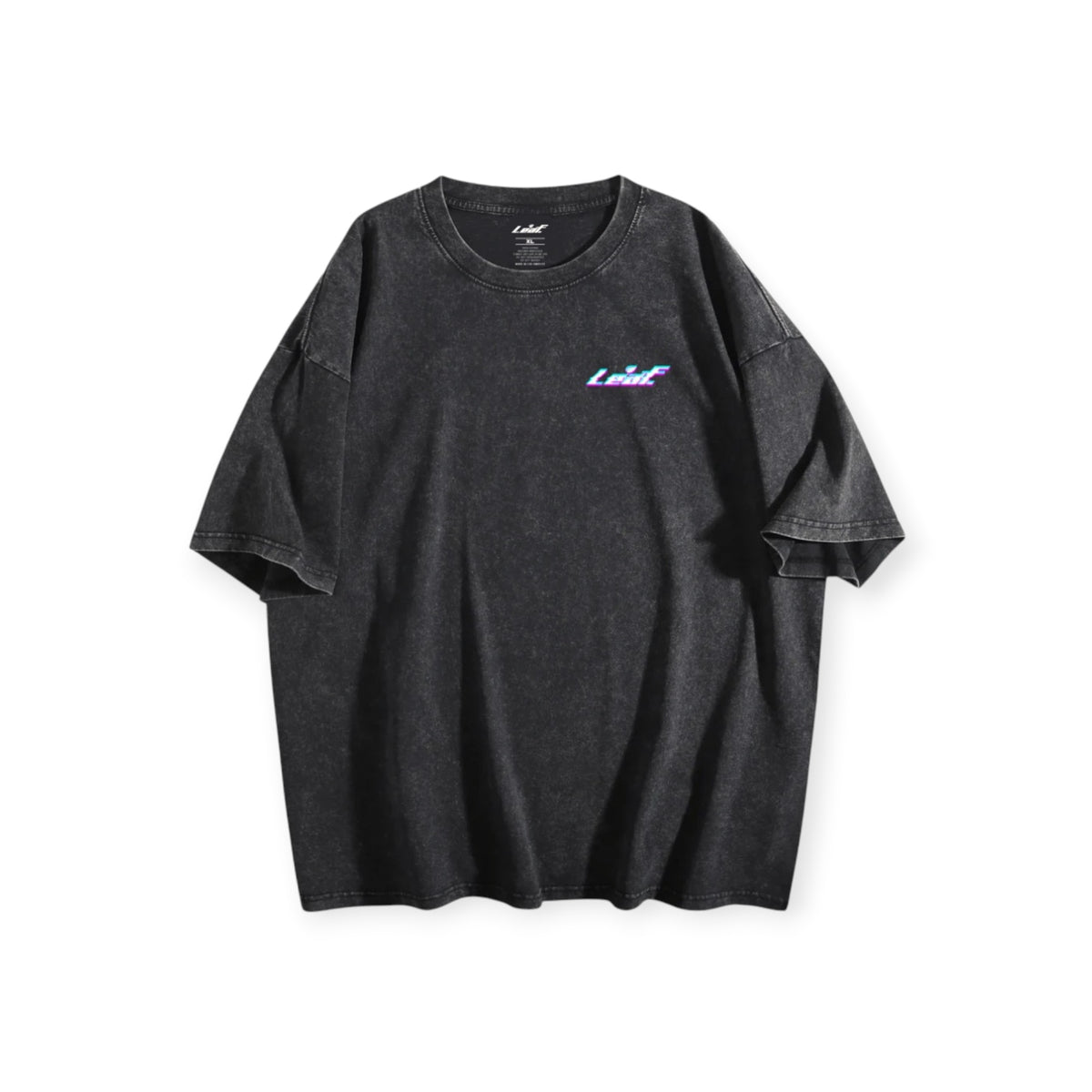 Leaf heavyweight cotton crewneck t-shirt in a black mineral-wash finish with a small chest graphic logo