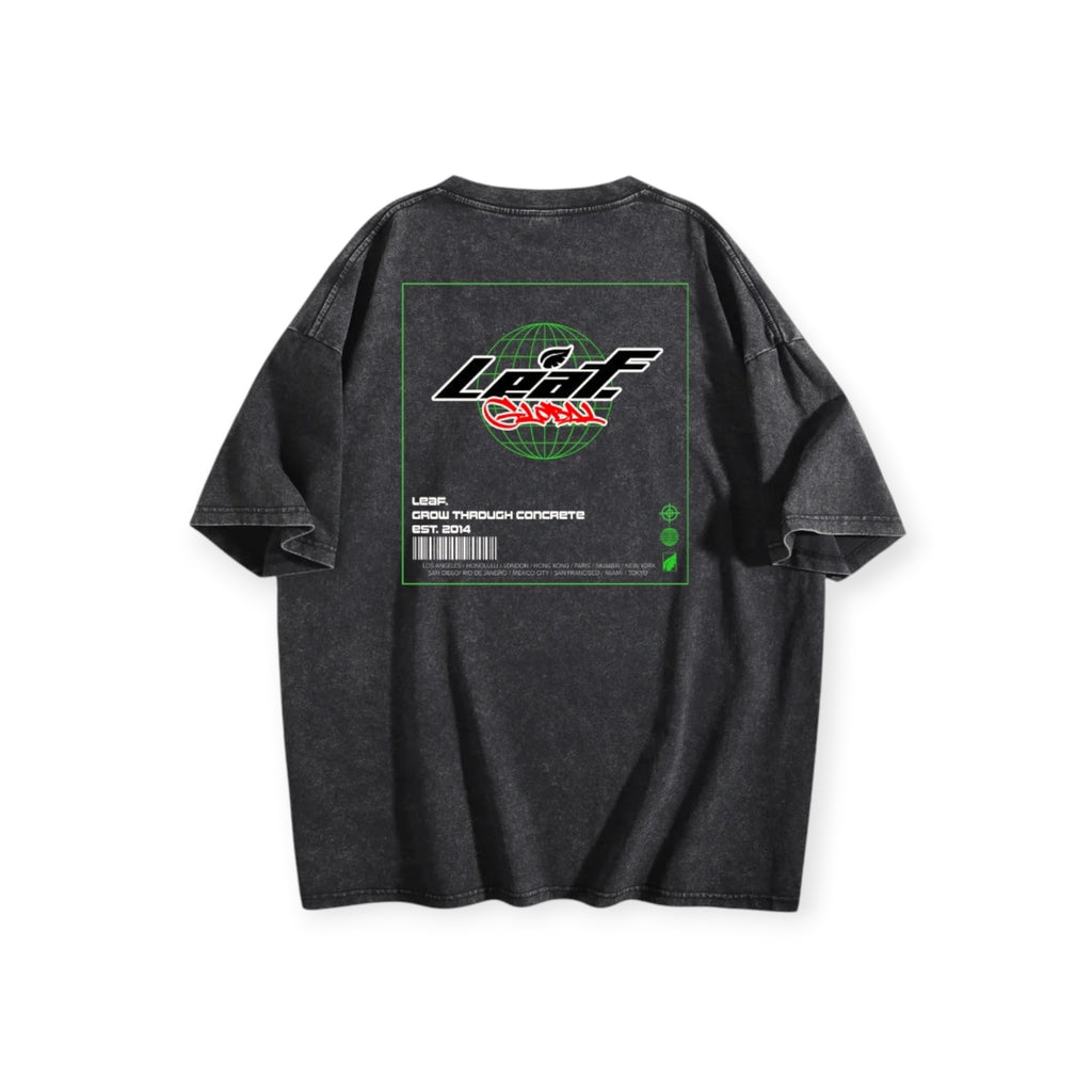 Leaf oversized drop shoulder t-shirt in black vintage wash cotton with green and red graphic print on the back