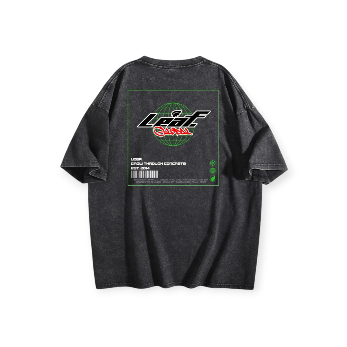Leaf oversized drop shoulder t-shirt in black vintage wash cotton with green and red graphic print on the back