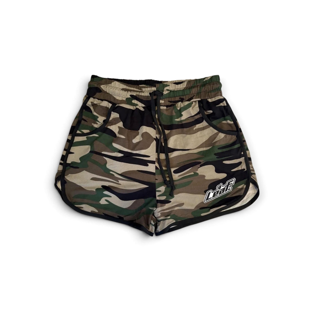 Leaf camo print athletic shorts with black piping, elastic drawstring waistband, and logo on the front.