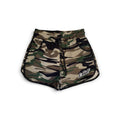 Leaf camo print athletic shorts with black piping, elastic drawstring waistband, and logo on the front.