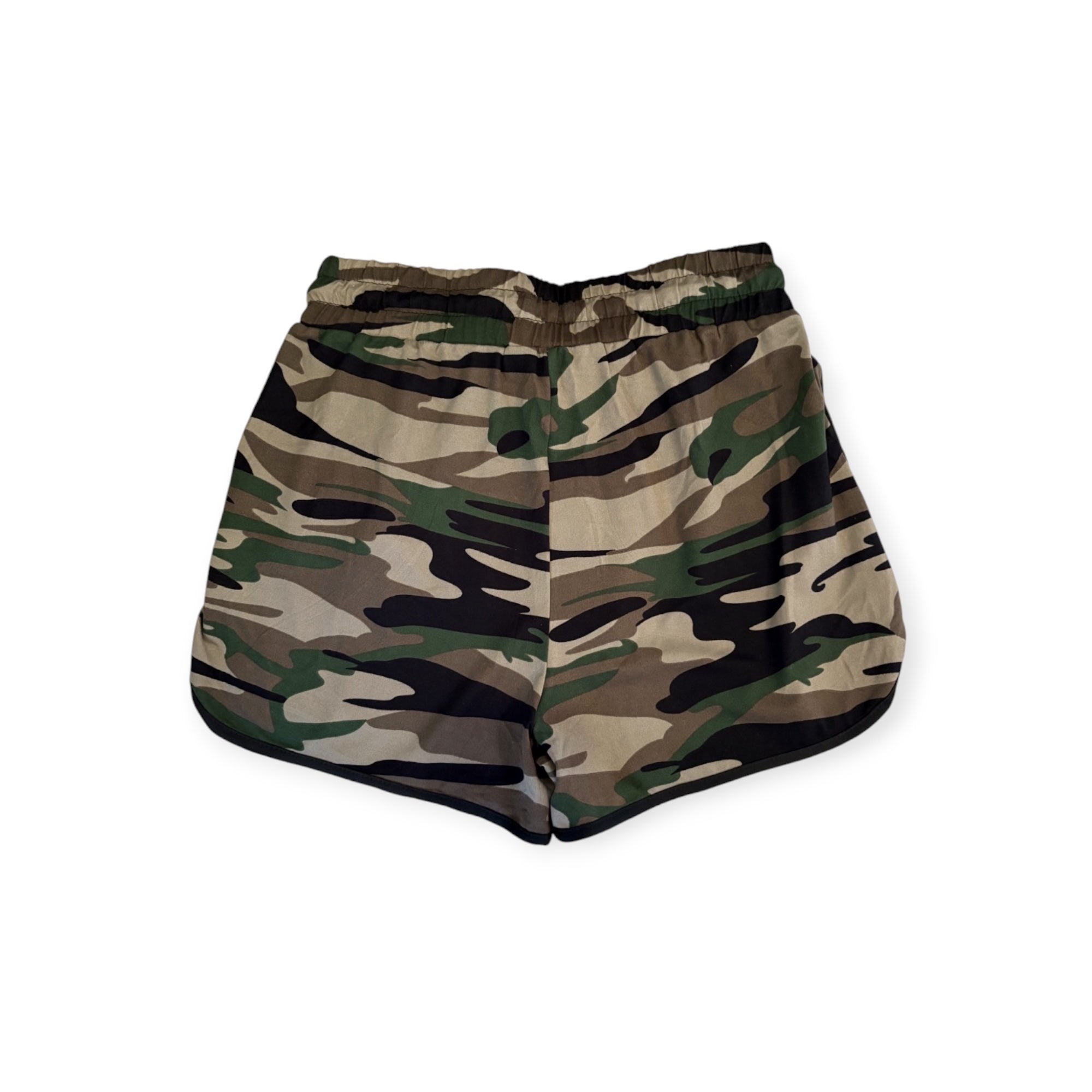 Leaf athletic performance training shorts in a green and brown camouflage print with black trim and elastic waistband.