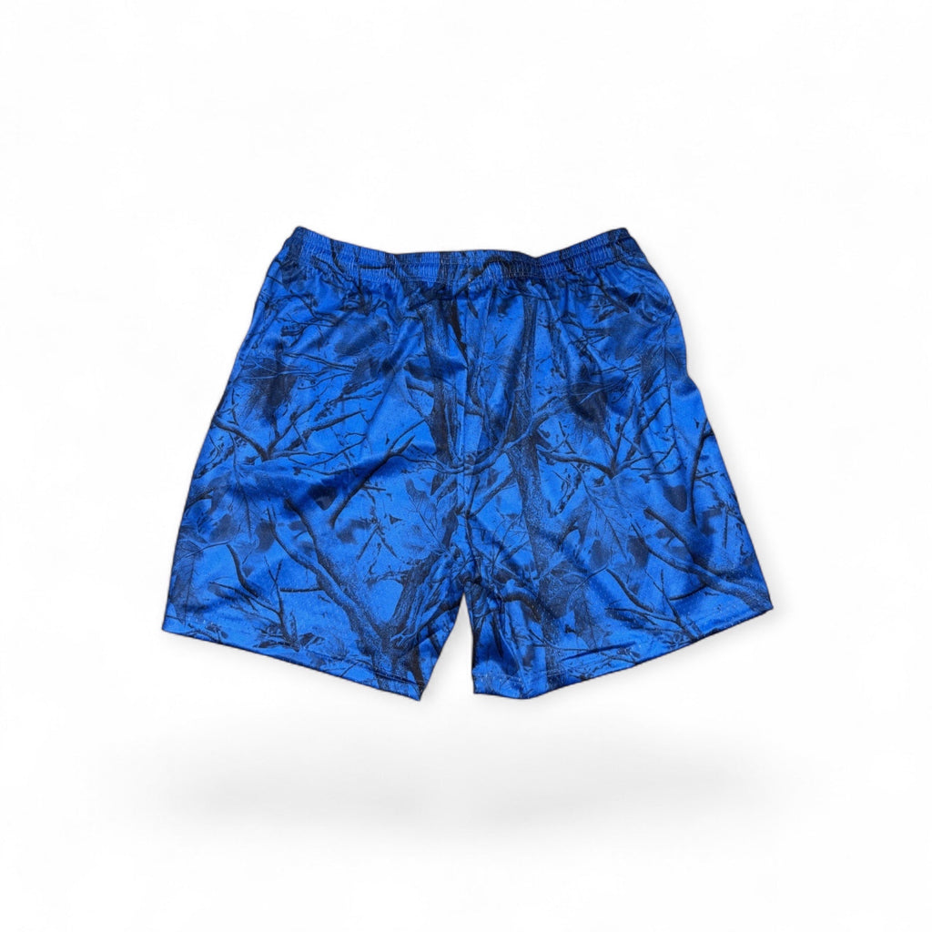 Leaf electric blue mesh athletic shorts with a dark hunting camo pattern and an adjustable drawstring waistband.