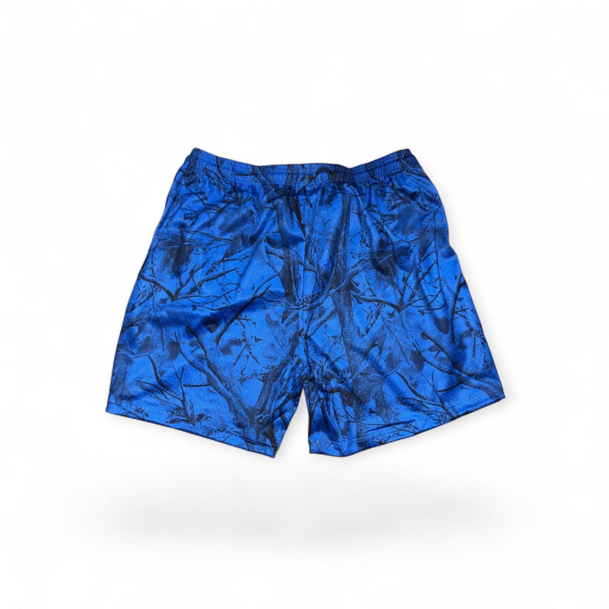 Leaf electric blue mesh athletic shorts with a dark hunting camo pattern and an adjustable drawstring waistband.