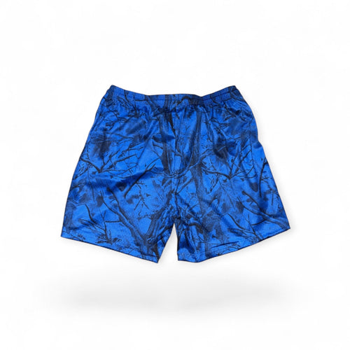 Leaf electric blue mesh athletic shorts with a dark hunting camo pattern and an adjustable drawstring waistband.
