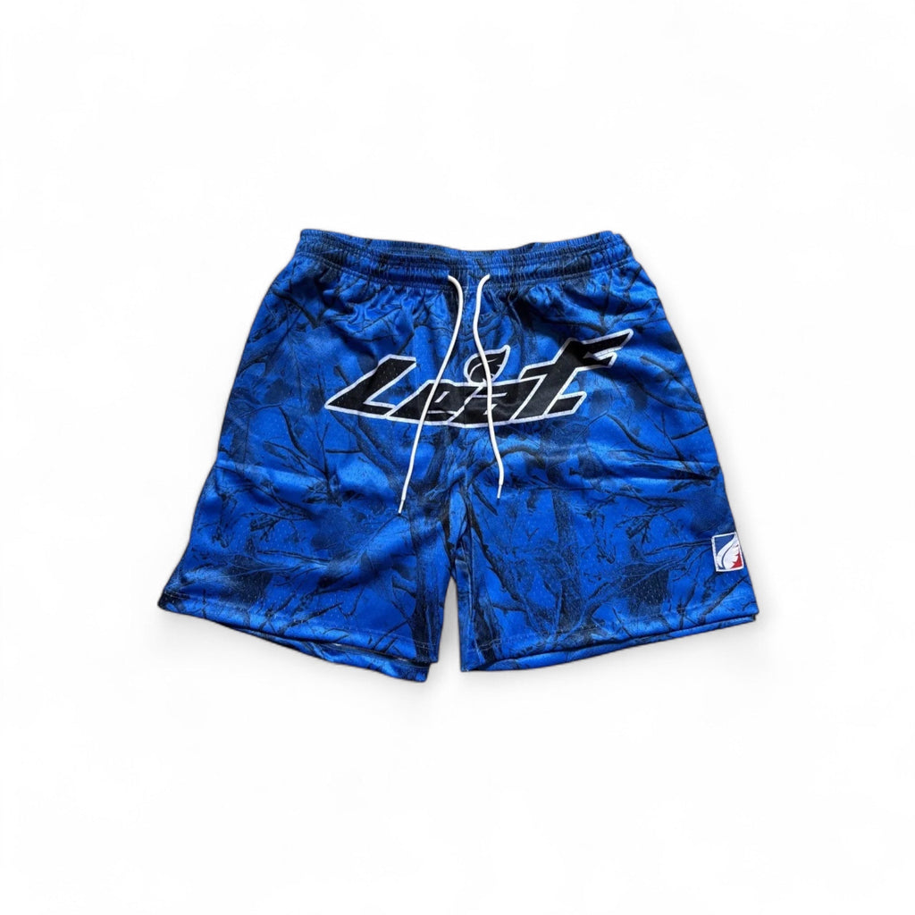 Leaf electric blue mesh performance shorts with dark hunting camo print, white drawstring, and bold logo branding.