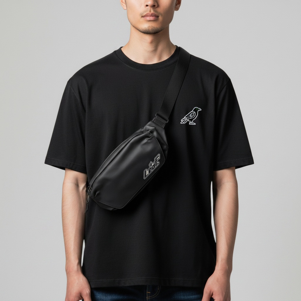 Leaf Everyday Crossbody Bag in matte black water-resistant material worn by a man in a black t-shirt.