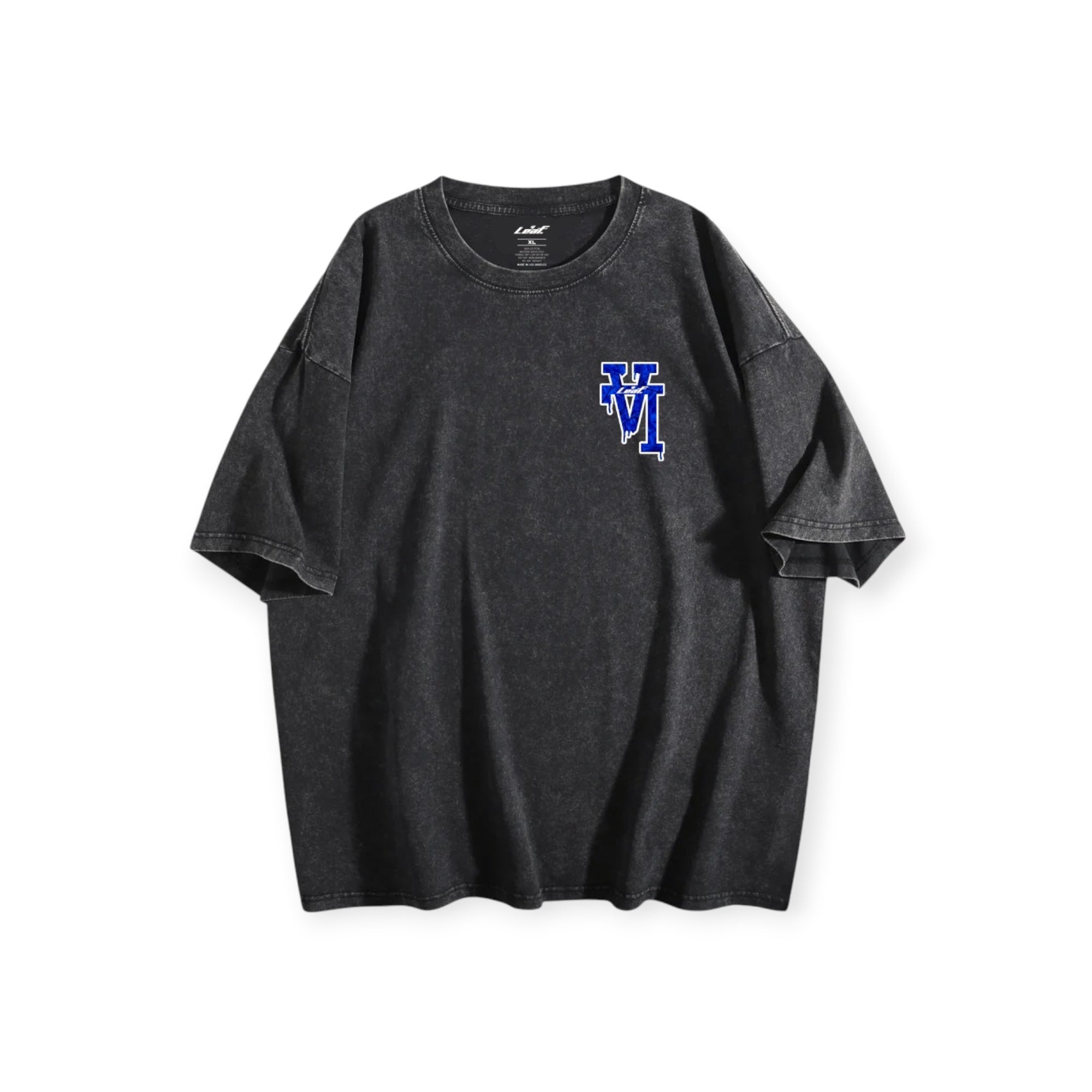 Leaf Los Angeles vintage wash black oversized cotton t-shirt with blue graphic logo on chest
