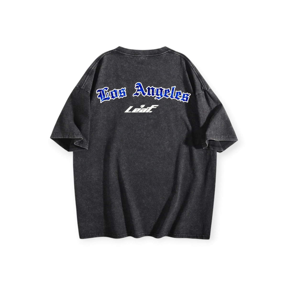 Leaf Los Angeles vintage wash black oversized cotton t-shirt with blue gothic lettering on the back