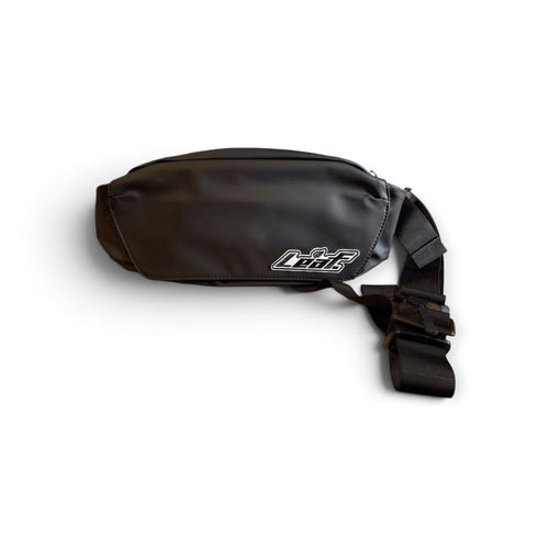 Leaf matte black water-resistant waist pack with an adjustable nylon strap and embroidered brand logo patch.