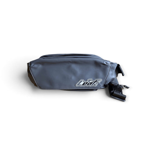 Leaf matte black water-resistant waist pack with an embroidered brand patch and adjustable nylon strap.