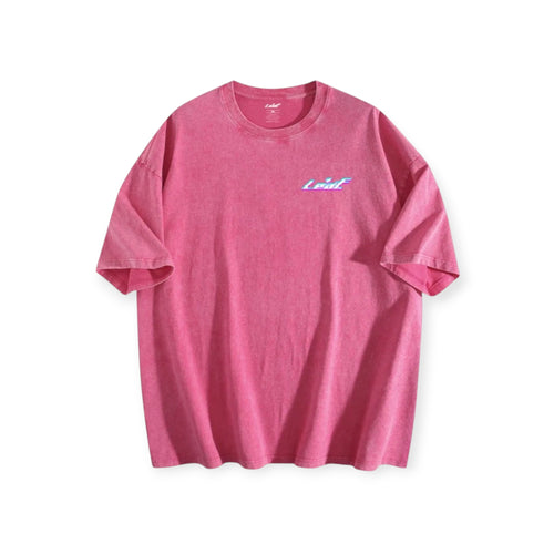Leaf pink heavyweight cotton crewneck t-shirt with a vintage mineral-wash finish and a small chest logo graphic.