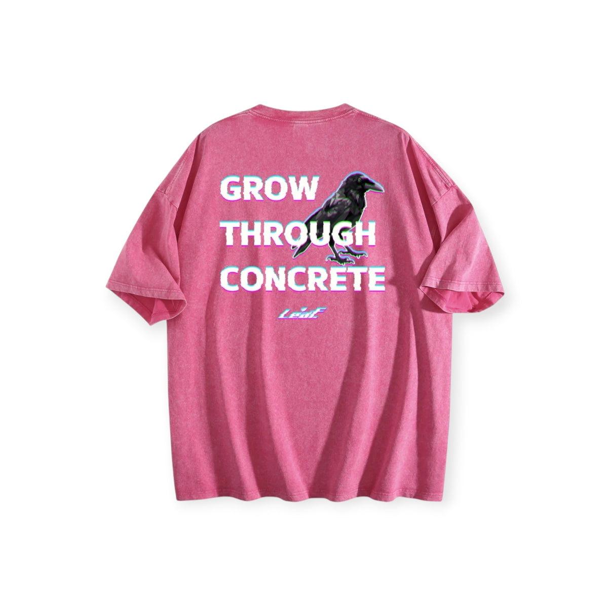 Leaf pink mineral-wash heavyweight cotton t-shirt with Grow Through Concrete raven graphic on the back