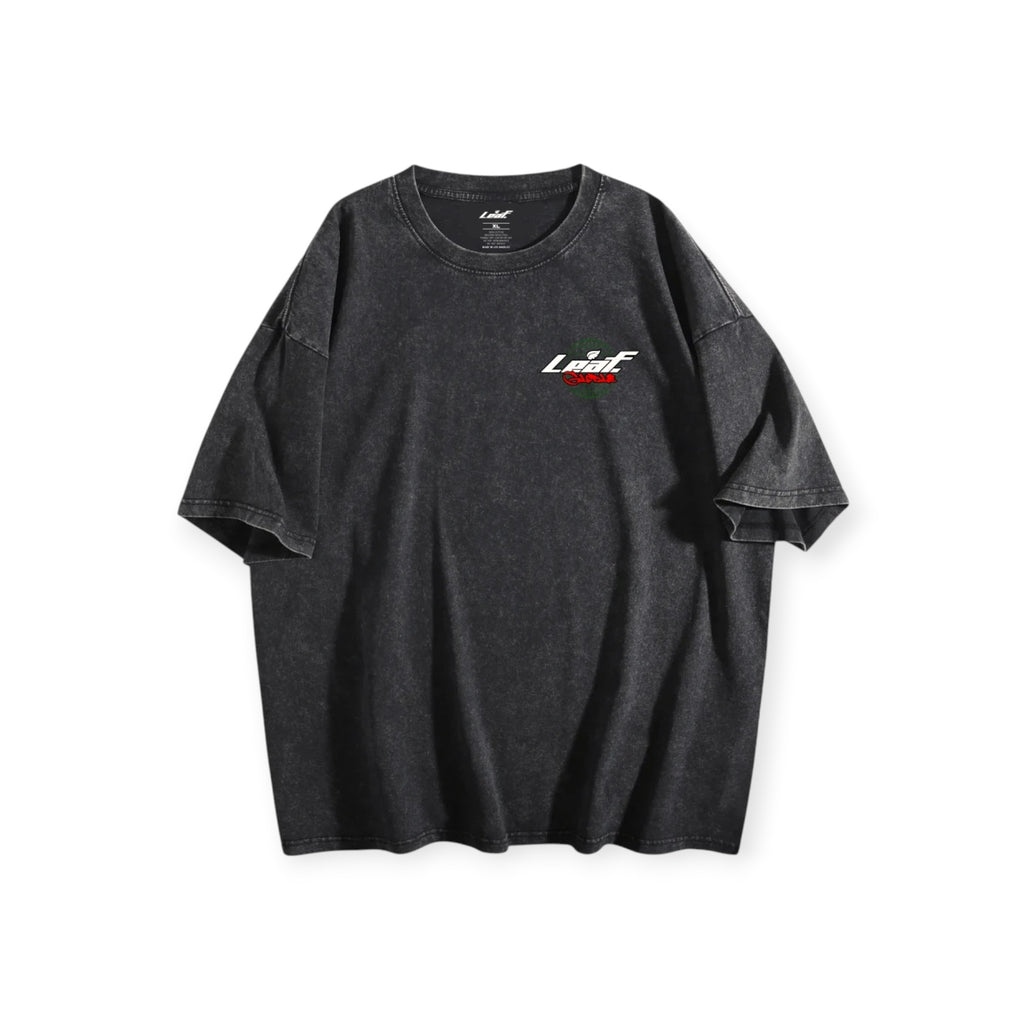 Leaf oversized drop shoulder vintage wash black cotton t-shirt with small chest logo