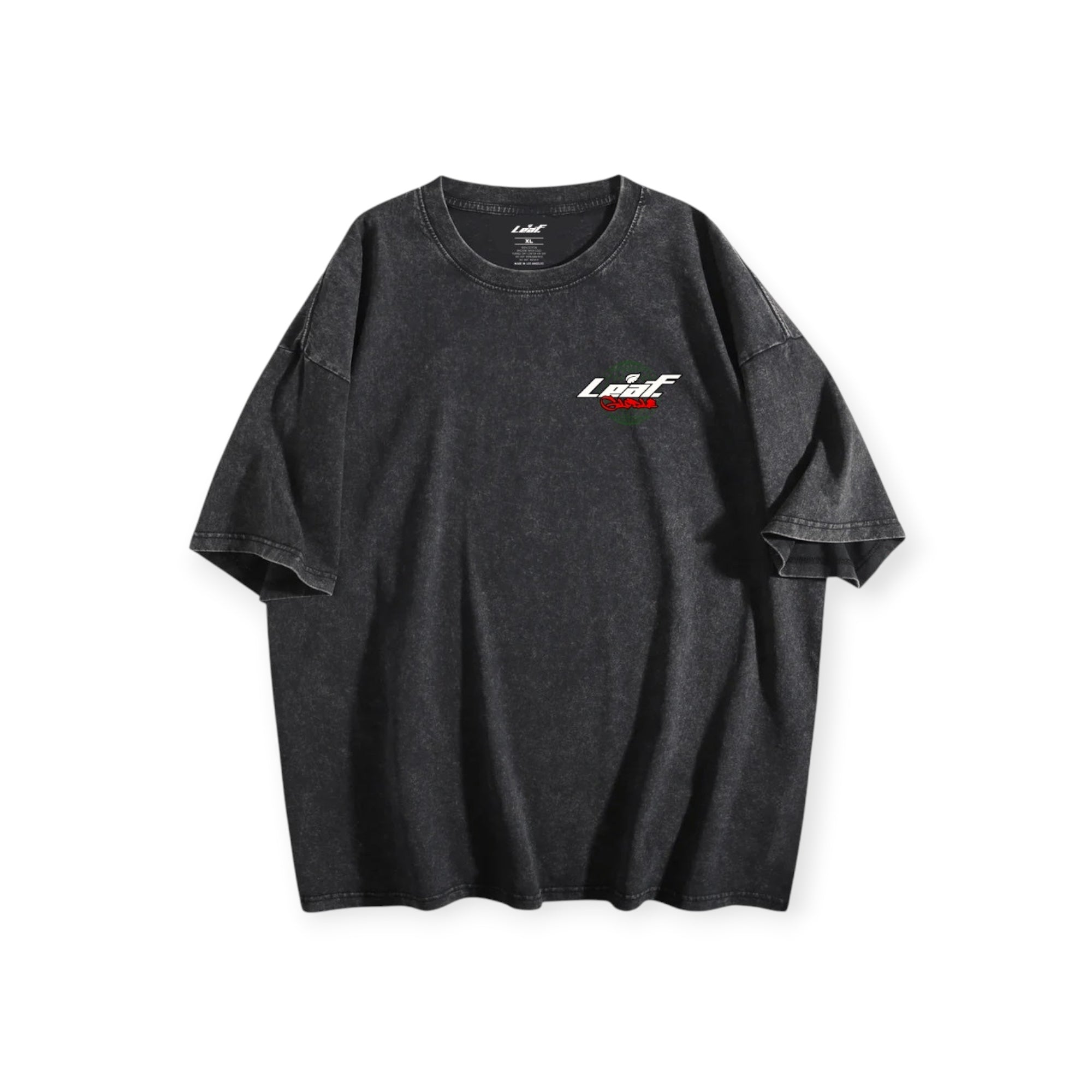Leaf oversized drop shoulder vintage wash black cotton t-shirt with small chest logo